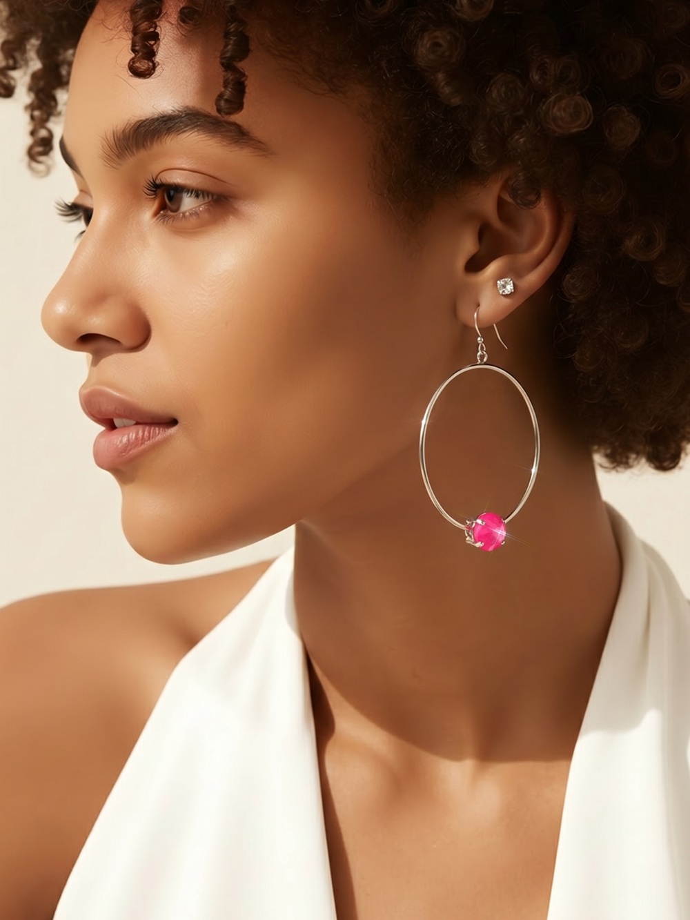 Aeropostale Silver Hoop Earrings with Hot Pink Gem